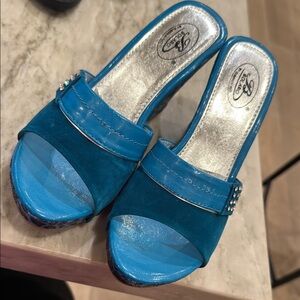 Striking Blue Mules with Wide Strap and Low Heel